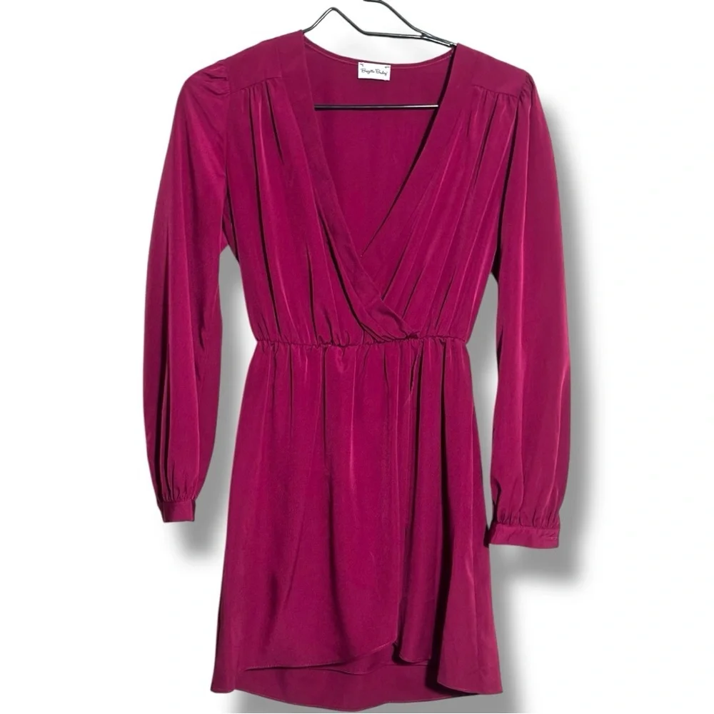Brigitte Bailey Burgundy Wrap Front Long Sleeve V-neck Chic Mini Dress